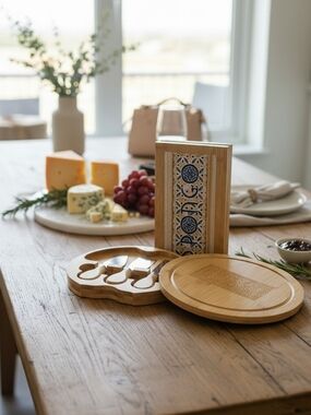Pongo Bamboo Round Cheese Board Set 3 Piece Knife Set Charcuterie Board New.